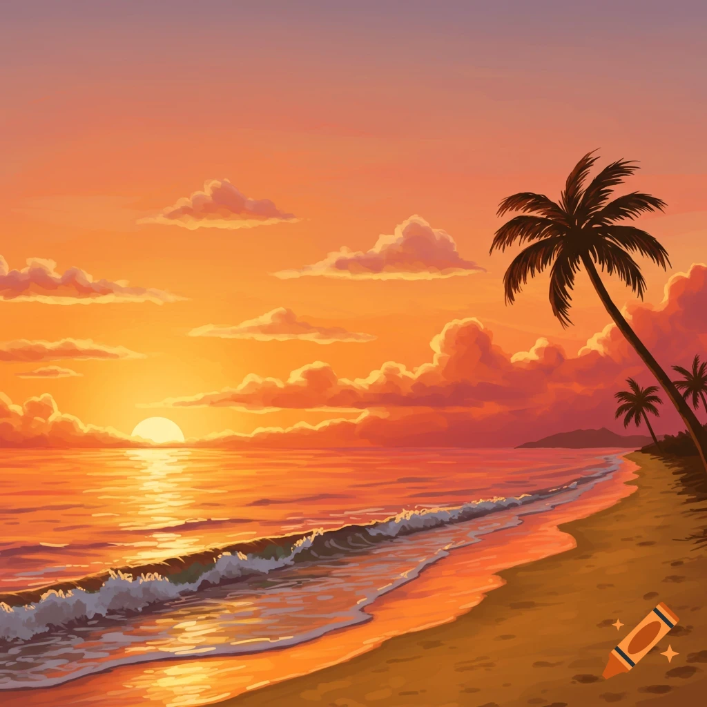 Stylized illustration of a vibrant orange and red sunset over a tropical beach, with palm trees and ocean waves.