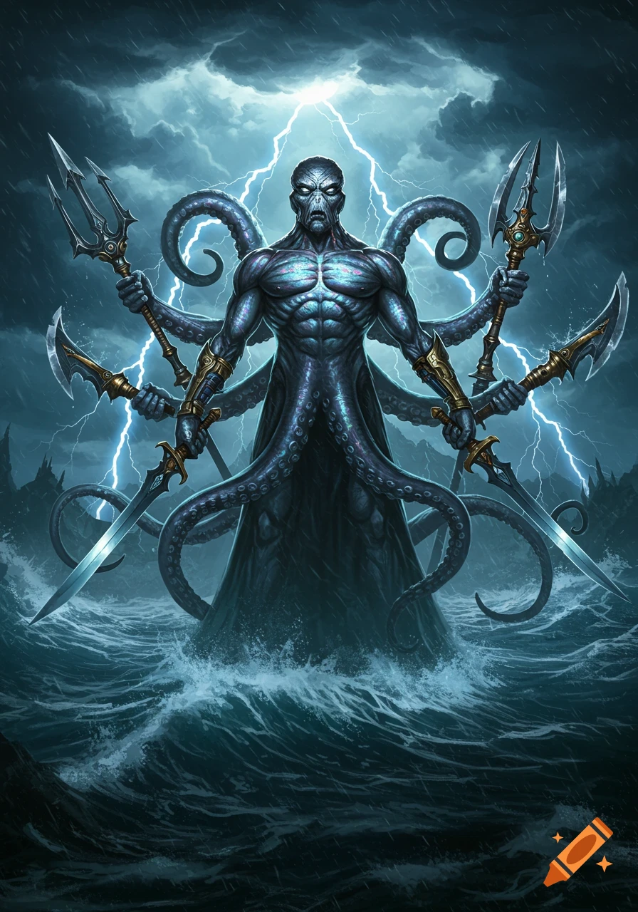 A muscular, humanoid octopus creature with multiple tentacles wielding swords and tridents in a stormy sea under lightning. Dark fantasy art.