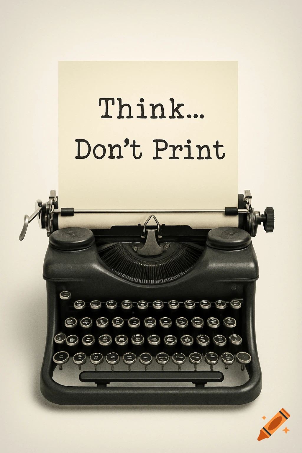A vintage black typewriter with paper displaying 'Think... Don't Print' text, on a plain background.