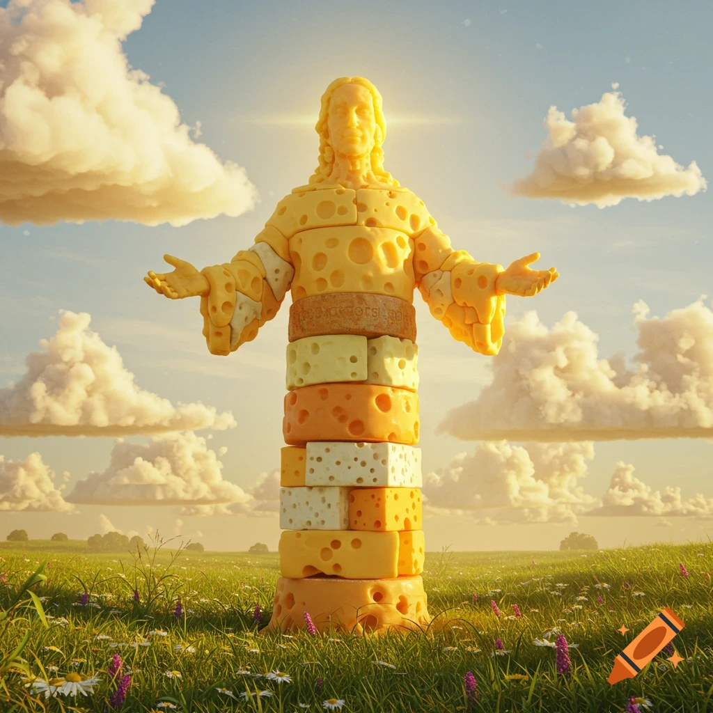 Photorealistic surreal statue of Jesus made of stacked cheese blocks, standing in a sunny, grassy field with wildflowers under a blue sky.