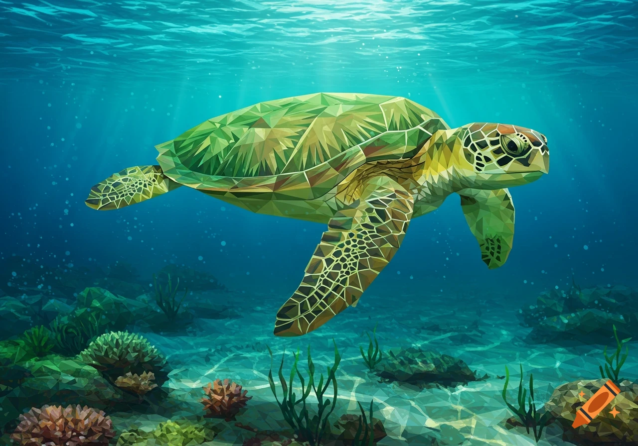 A vibrant green geometric style sea turtle swims through clear blue ocean water, with sunbeams, coral, and rocks on the seabed.
