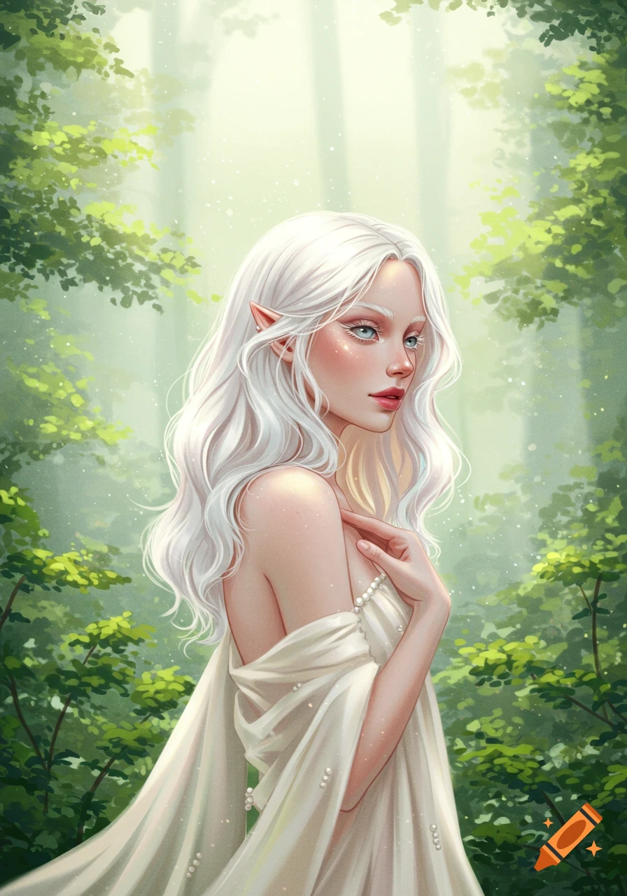 A fantasy portrait of a pale-skinned woman with long white hair and pointed ears, wearing a flowing white dress in a mystical forest.