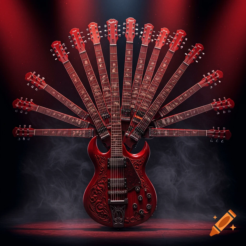 A red electric guitar with many necks fanning out in a dramatic, dark setting with red lighting and smoke.