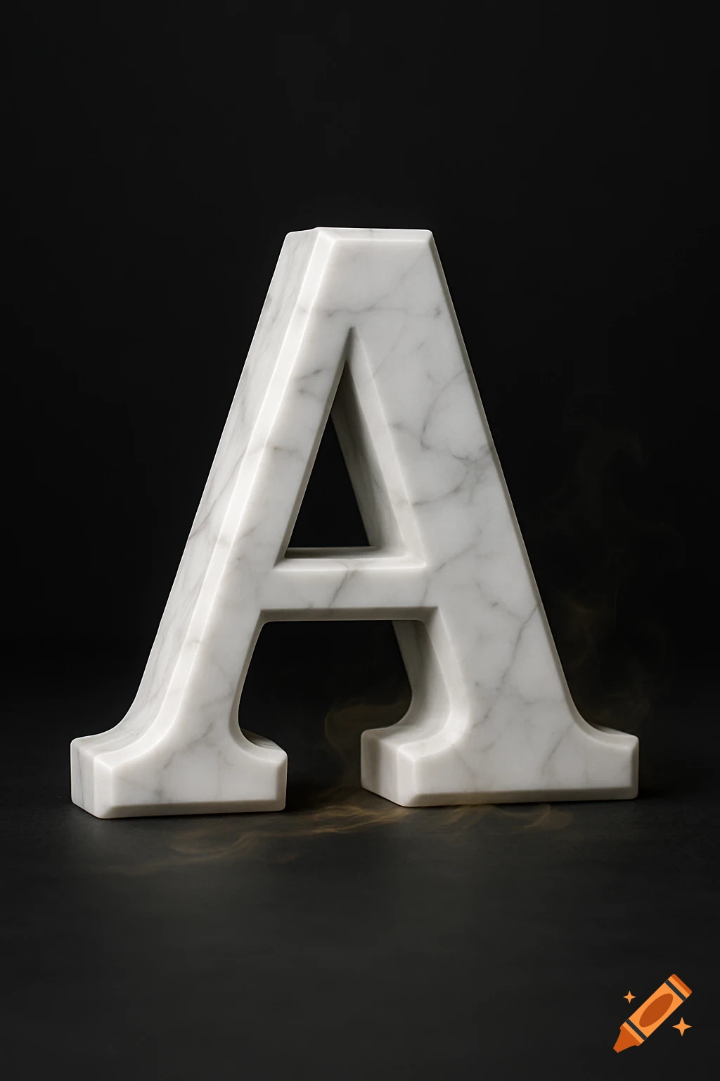 A white marble letter A stands upright on a dark, reflective surface with a subtle smoky haze.