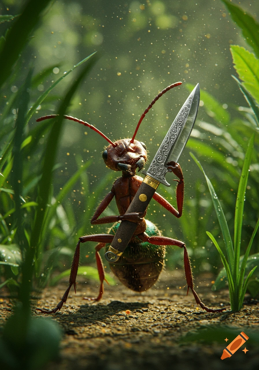 A photorealistic ant stands on dirt amidst tall grass, holding a large, ornate knife.