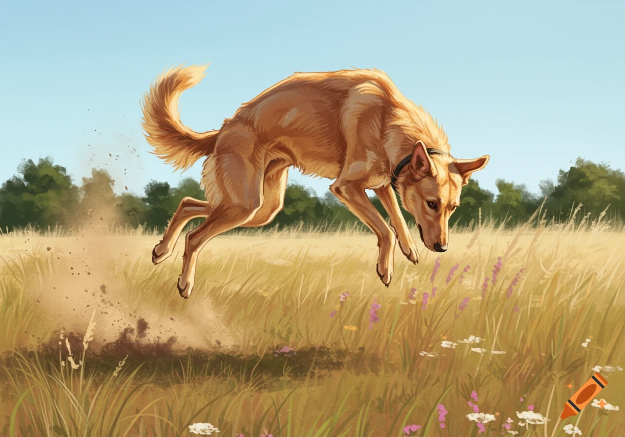 A tan dog leaps through a sunlit grassy field with wildflowers, rendered in a painterly style.