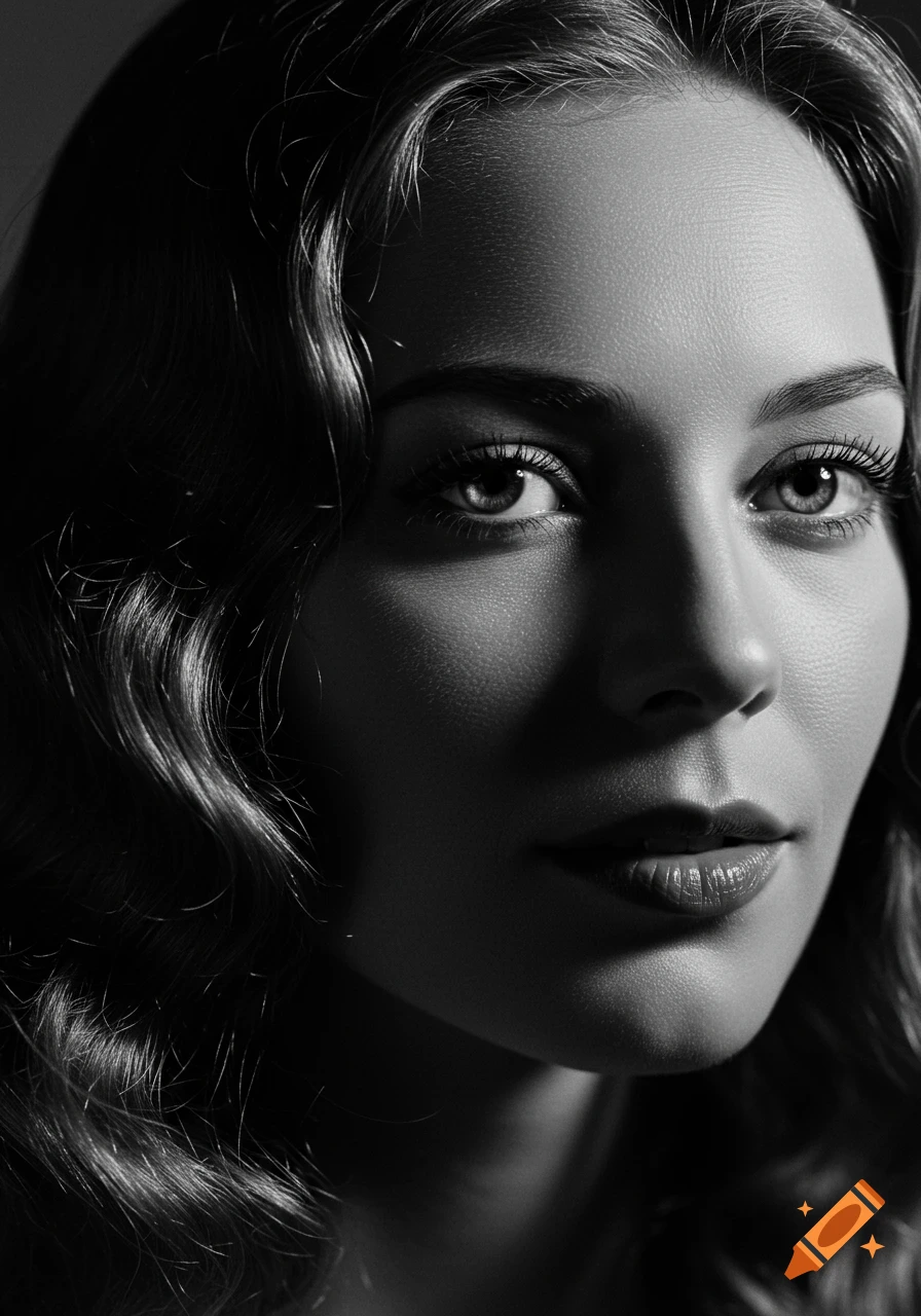 Black and white close-up portrait of a woman with wavy hair, bright eyes, and a hint of a smile, lit by studio light.