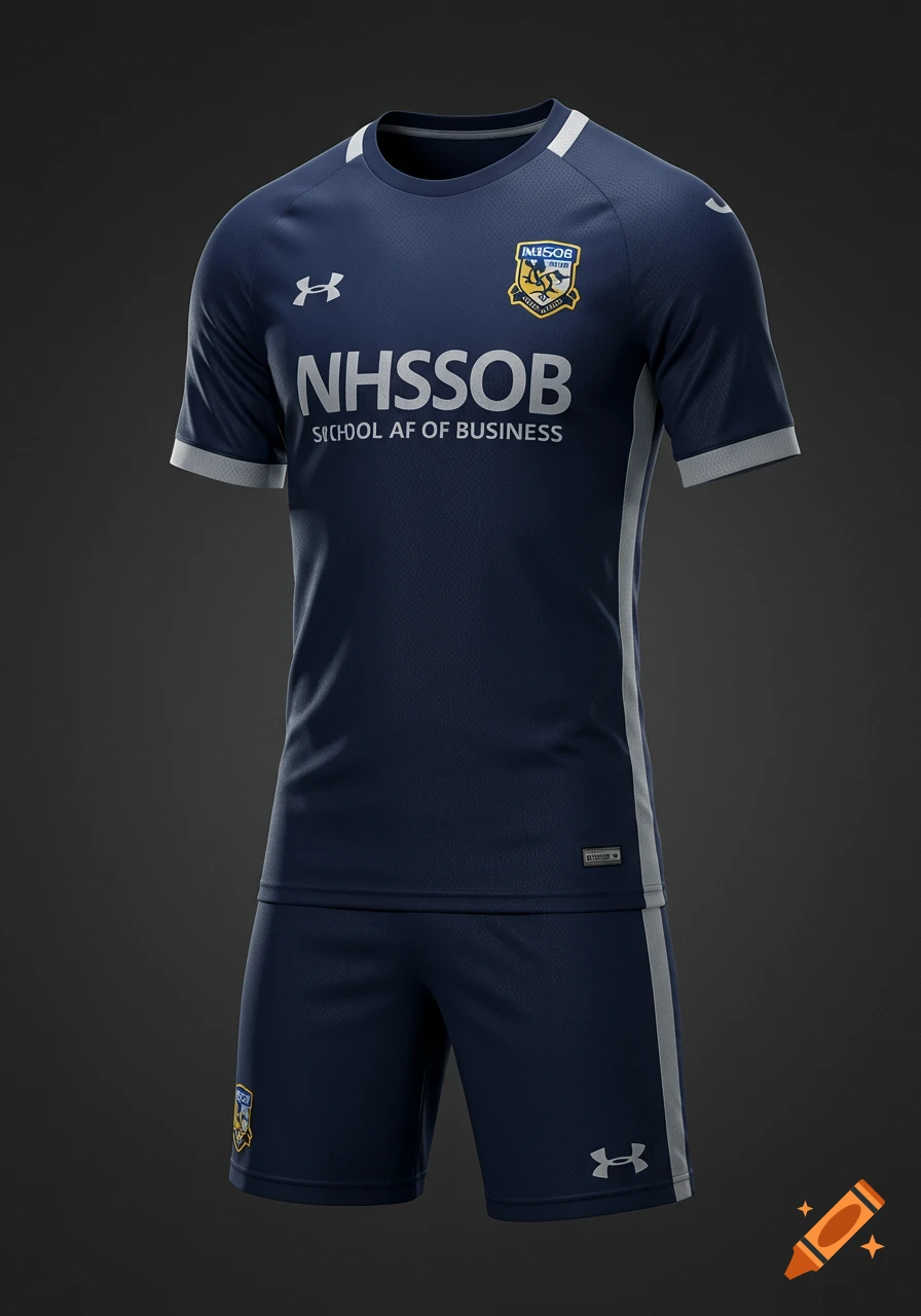 A dark blue soccer jersey and shorts with white trim, featuring a yellow and blue crest, 'NHSSOB' text, and an Under Armour logo.