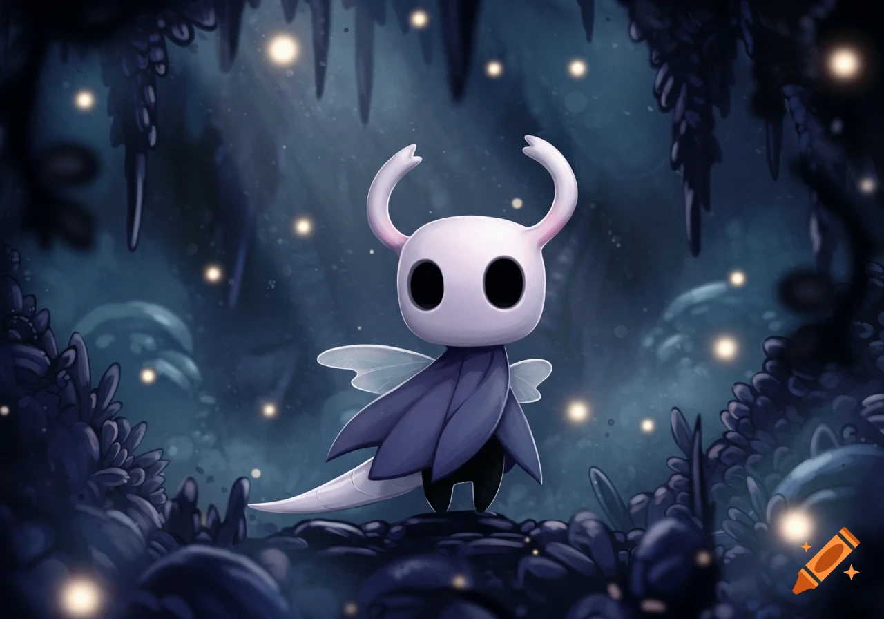 The Knight from Hollow Knight stands in a glowing, dark blue cave with floating lights and glowing plants.