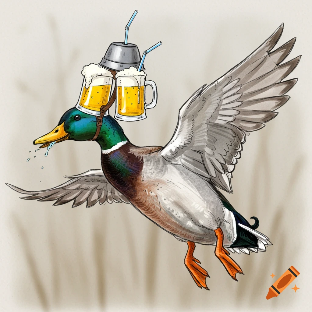 A flying mallard duck illustration, wearing a beer helmet with two frothy mugs, looking tipsy with a dripping beak.