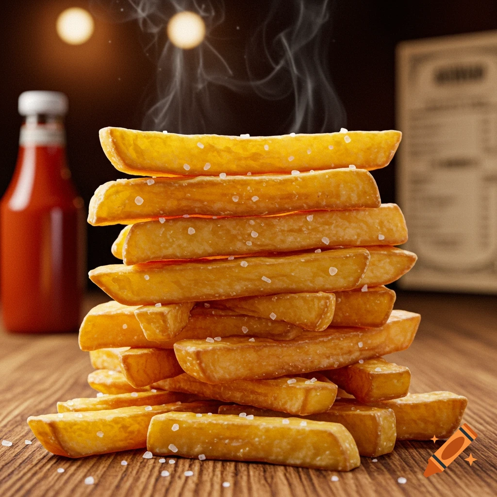 A tall stack of hot, golden french fries with salt and steam rising, on a wooden table. A red ketchup bottle is blurred in the background.