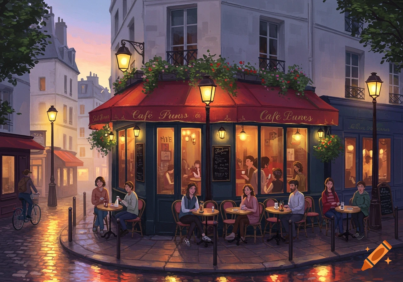 Illustrative painting of a bustling Parisian cafe with outdoor seating at dusk, glowing warmly on a cobblestone street.