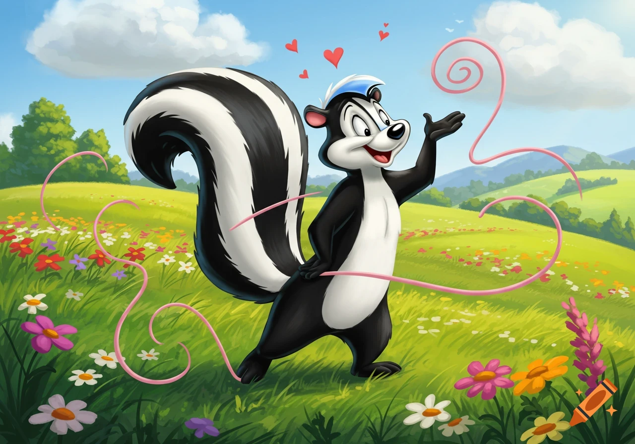 Pepe Le Pew, the cartoon skunk, stands in a vibrant flower-filled meadow with swirling pink lines and hearts, looking joyful.