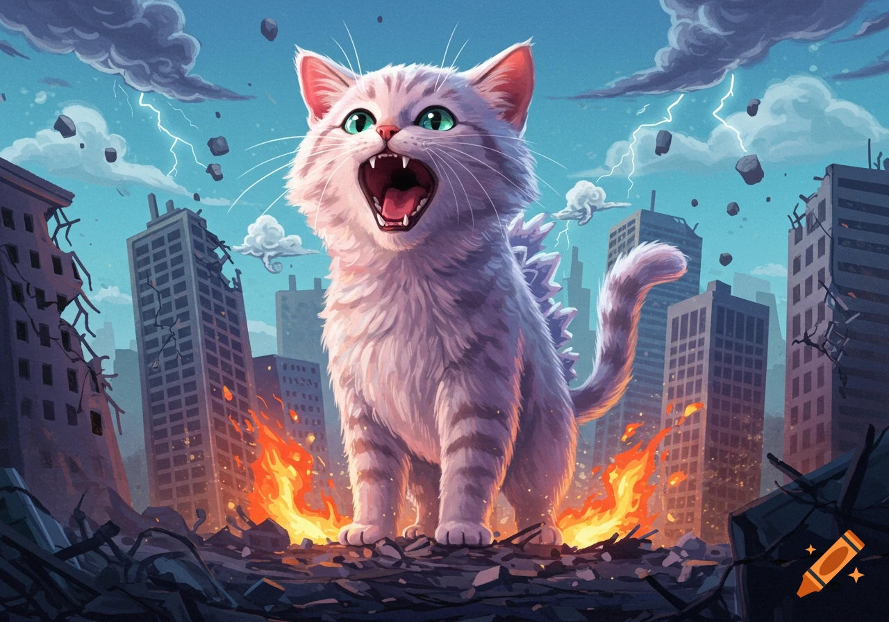 A giant, Godzilla-like white cat with green eyes roars amid a destroyed city with fire, lightning, and crumbled buildings in a cartoon style.