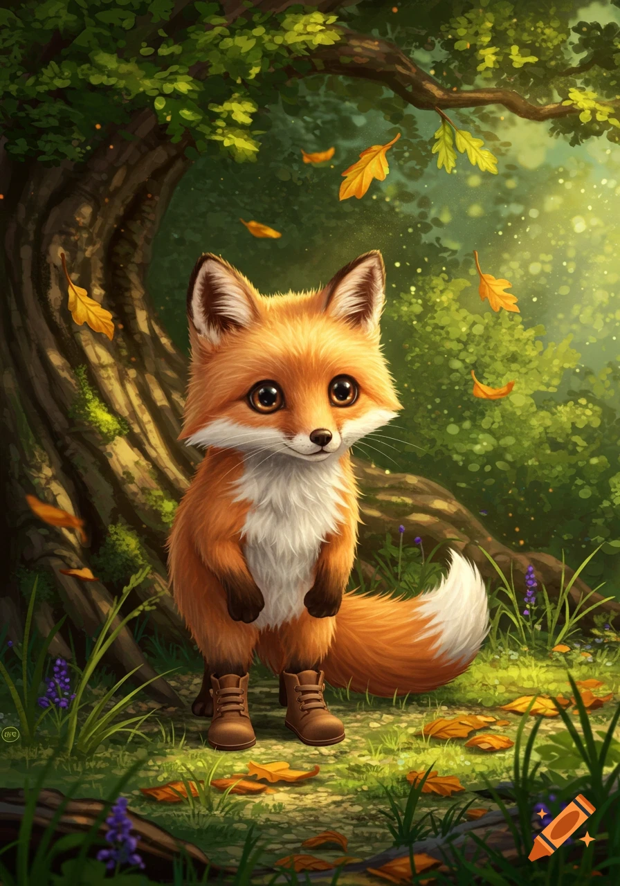 A cute, cartoonish fox in brown boots stands in a sunny forest with autumn leaves falling.