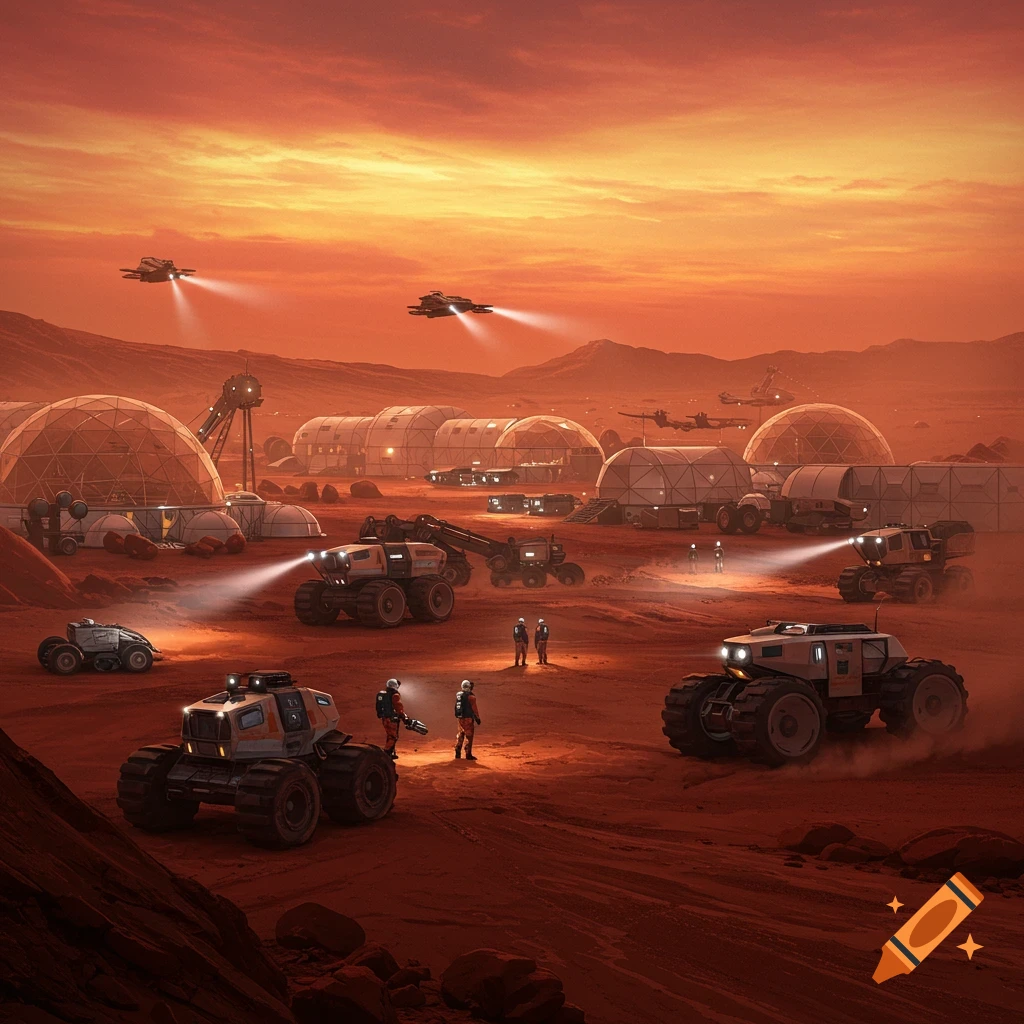 A Martian mining colony with dome habitats, industrial vehicles, and astronauts under a reddish-orange sky at sunset. Photorealistic style.