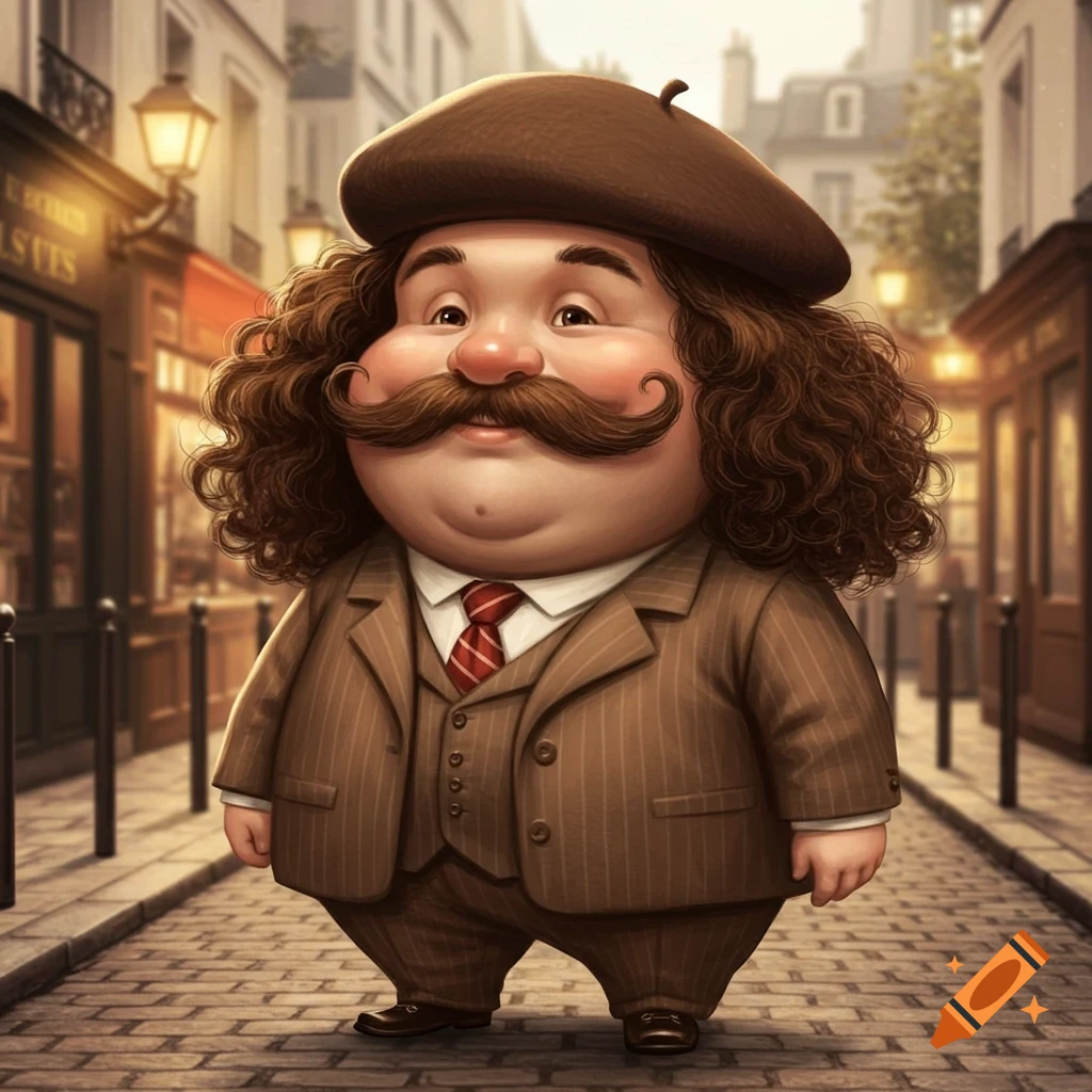 A cartoonish, plump man with a large mustache, curly hair, and a brown beret stands in a pinstripe suit on a cobblestone street.