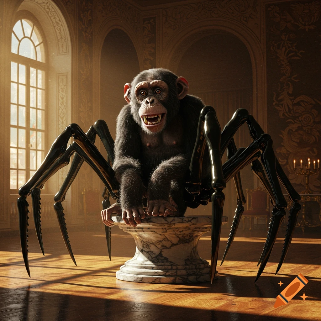 A chimpanzee with large, shiny black spider legs and fangs sits on a marble pedestal in a grand, sunlit room.