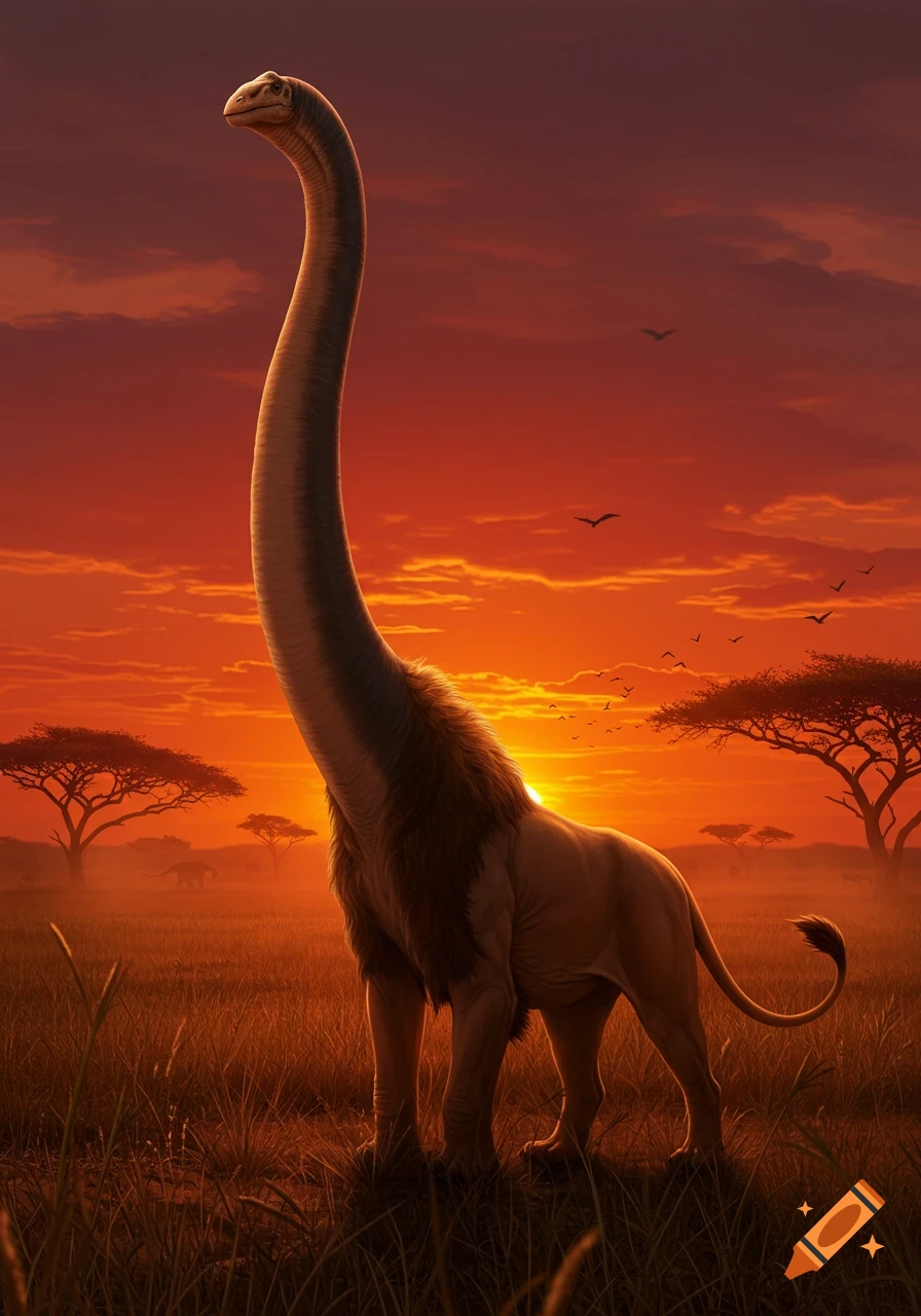 A majestic long-necked dinosaur with a lion's body stands in a photorealistic African savanna at sunset.