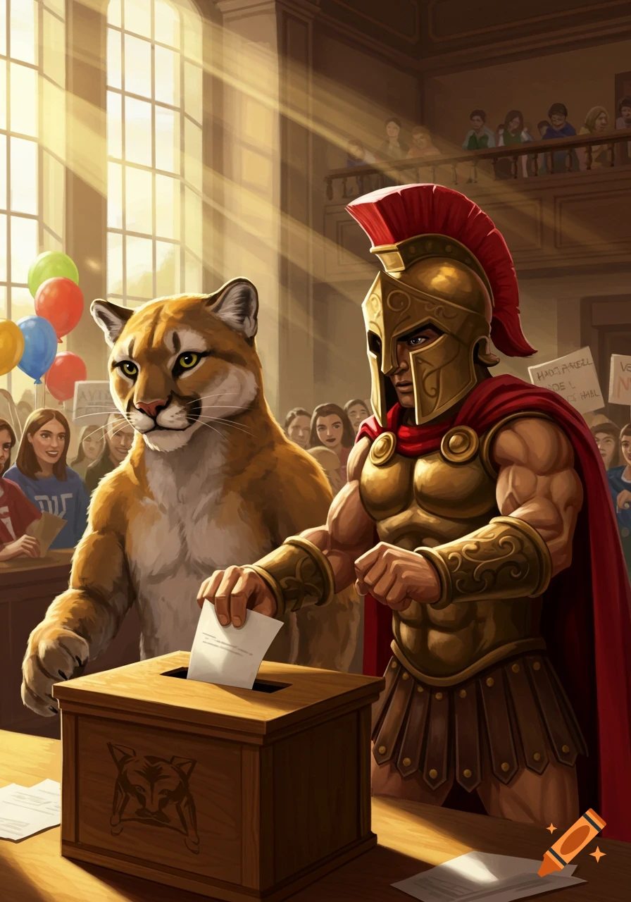 A cougar mascot and a Spartan mascot casting ballots into a wooden box in a sunlit hall, with a crowd of people in the background.