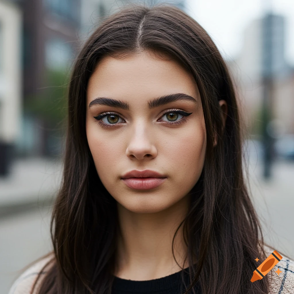 Close-up photorealistic portrait of a young woman with dark hair and green eyes, looking directly at the viewer.