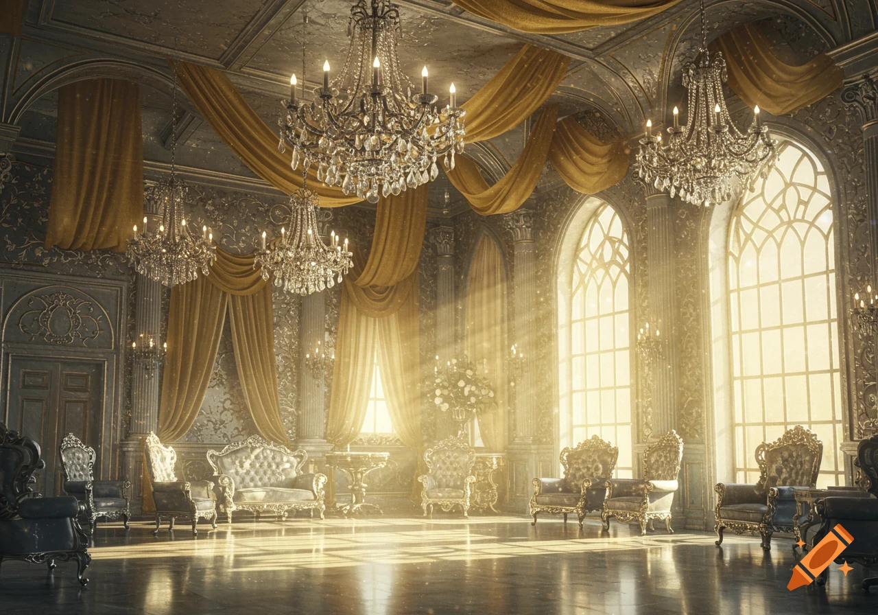 A grand, ornate room in a fantasy castle with crystal chandeliers, golden drapes, arched windows, and antique furniture, bathed in sunlight.