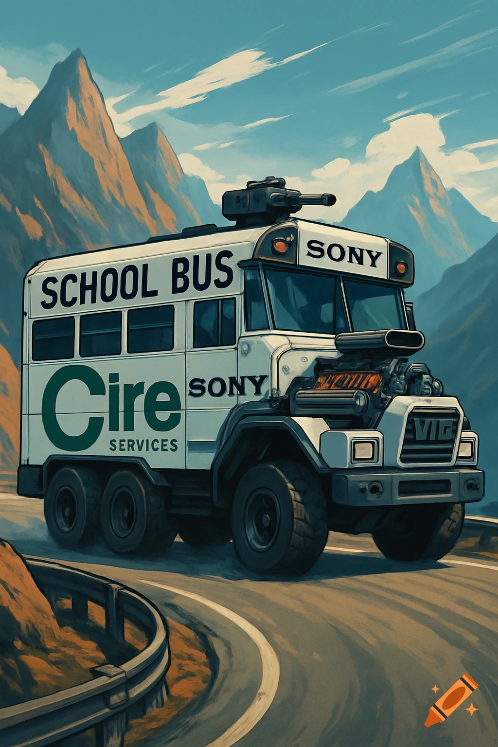 A stylized white custom school bus with a large engine and turret drives on a winding mountain road under a blue sky.