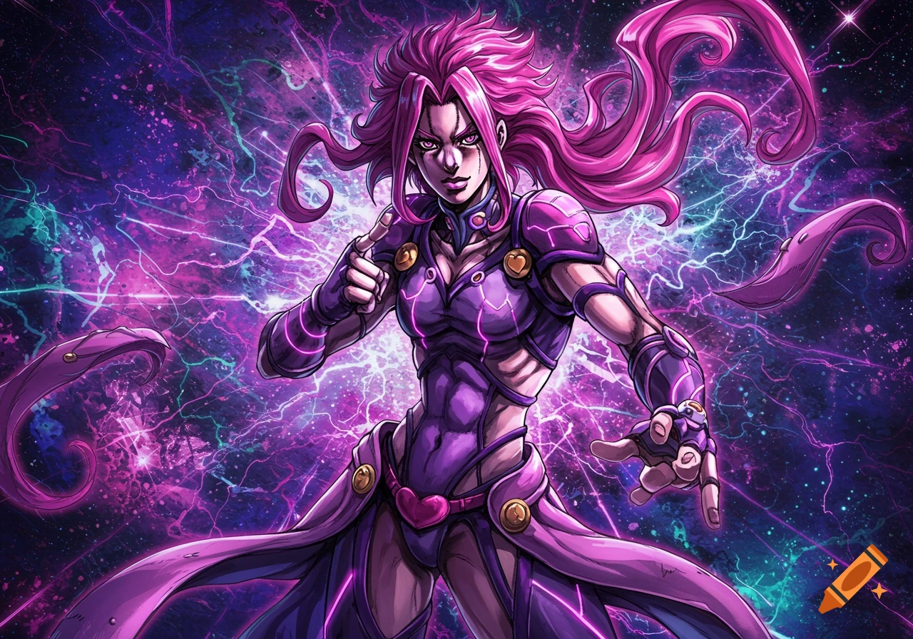 A muscular anime character with long pink hair and a fierce expression, wearing a purple outfit, against a vibrant cosmic background.