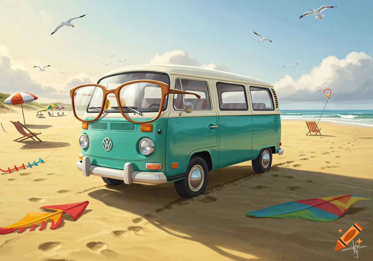 Illustrative painting of a retro turquoise and white VW van with large eyeglasses on a sunny sandy beach, with kites and seagulls.