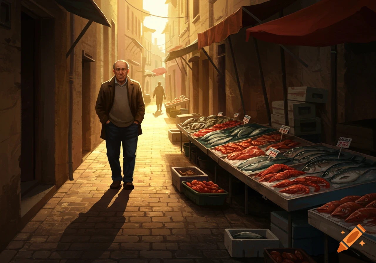 An old man walks down a sunlit, narrow street past stalls piled high with fresh fish and seafood at a bustling market.