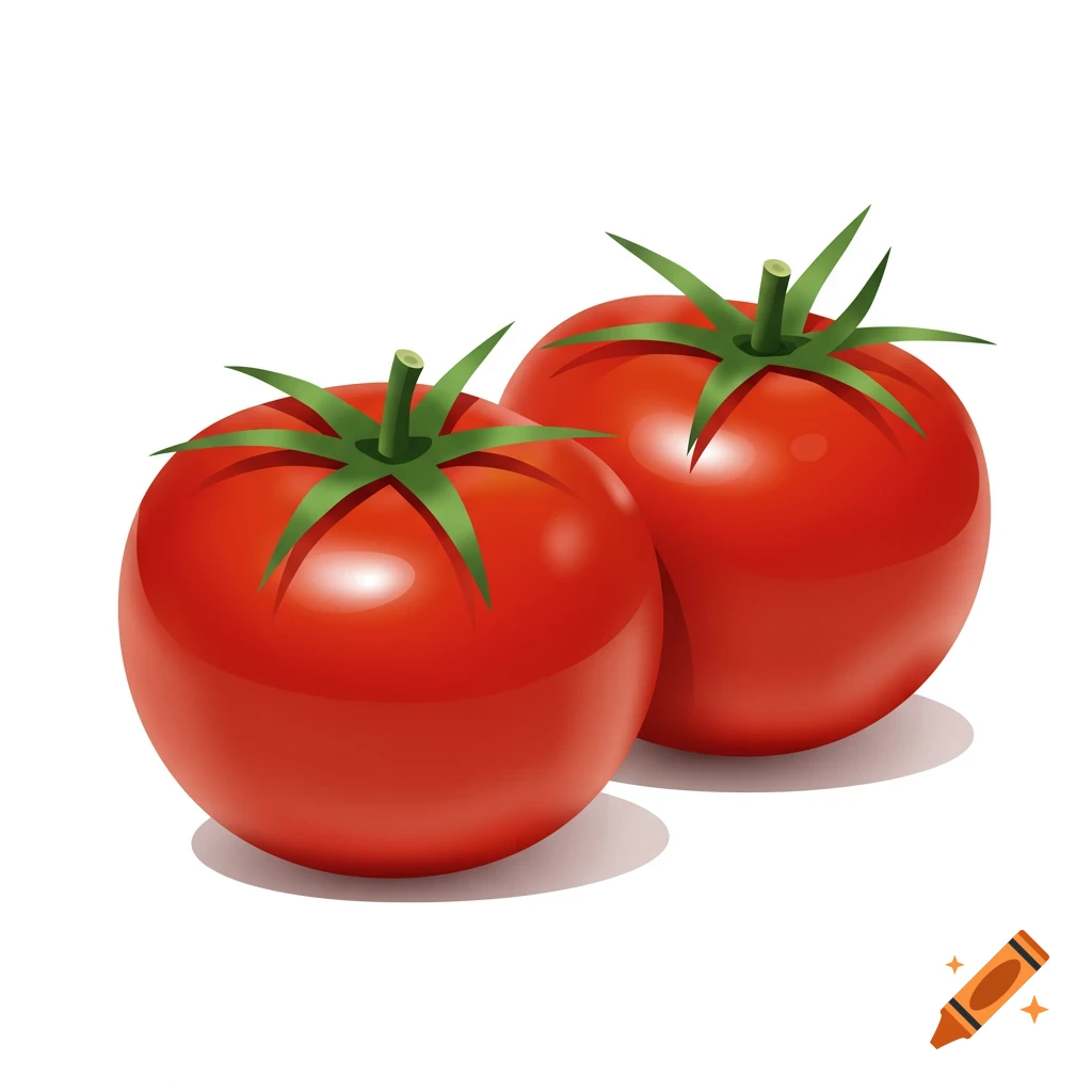 Two shiny red tomatoes with green stems, digitally illustrated on a plain white background.