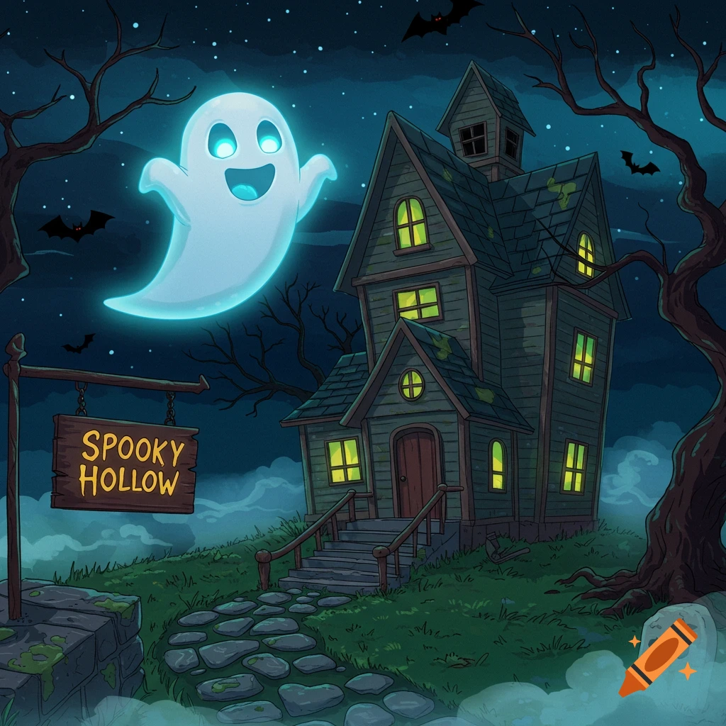 A friendly cartoon ghost floats above a haunted house with a 'Spooky Hollow' sign on a starry night.