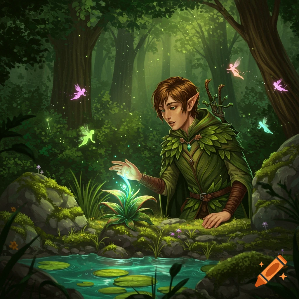 An elf with brown hair and green attire reaches for a glowing plant in a magical forest with fairies and a pond.