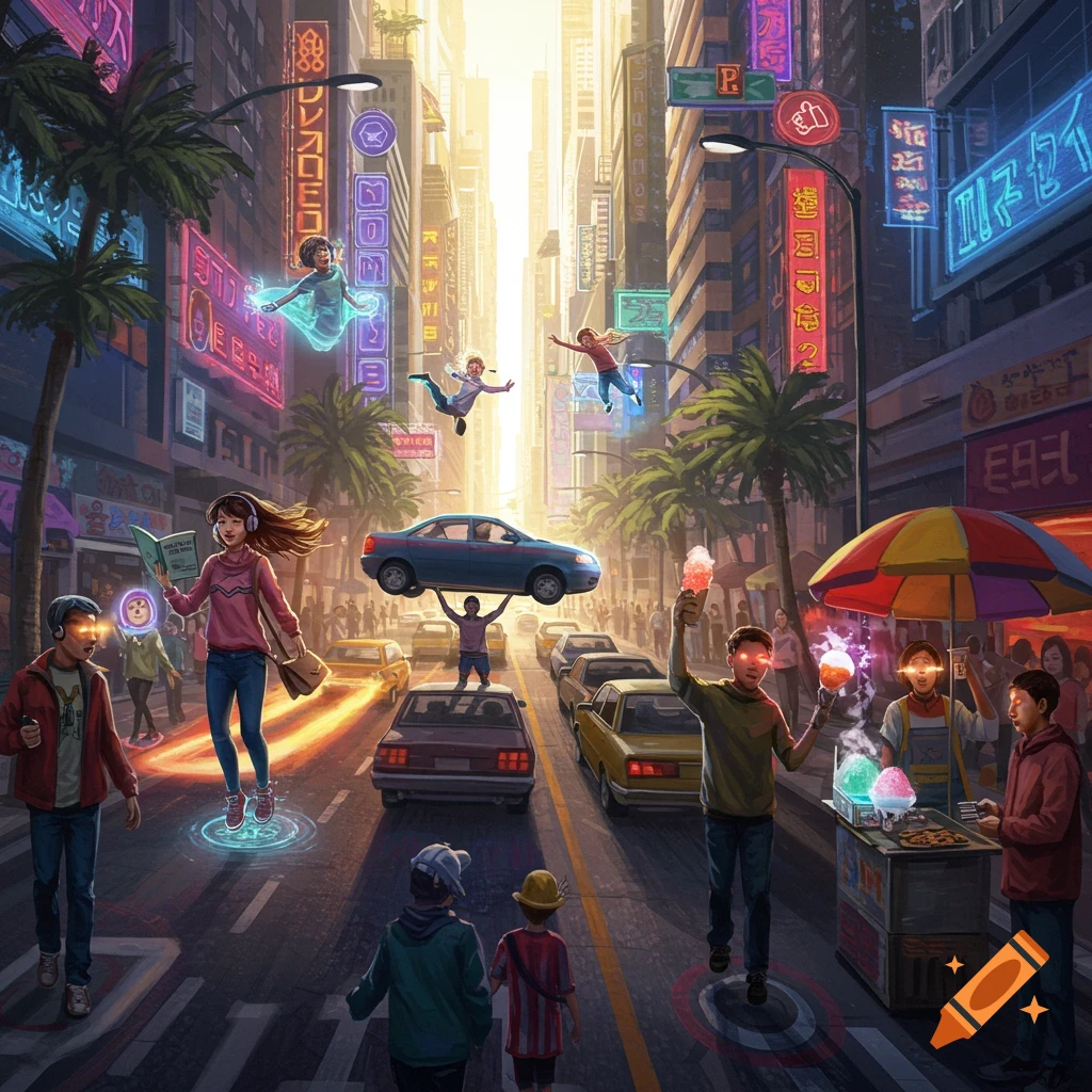 A vibrant, futuristic city street scene at dusk where people with superpowers casually float, lift cars, and use heat vision, amidst neon signs and crowded traffic.