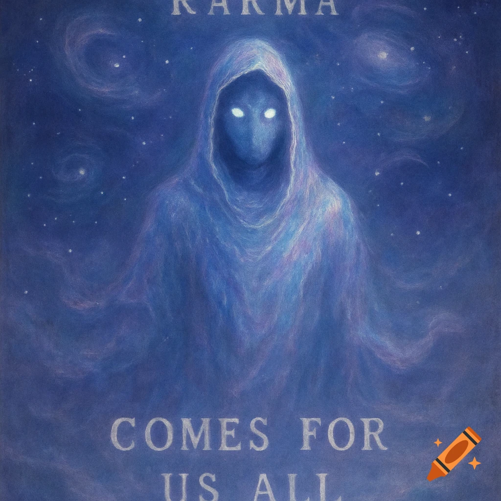 A blue, ethereal hooded figure with glowing eyes in a starry cosmic void. Text 'KARMA COMES FOR US ALL' is visible.