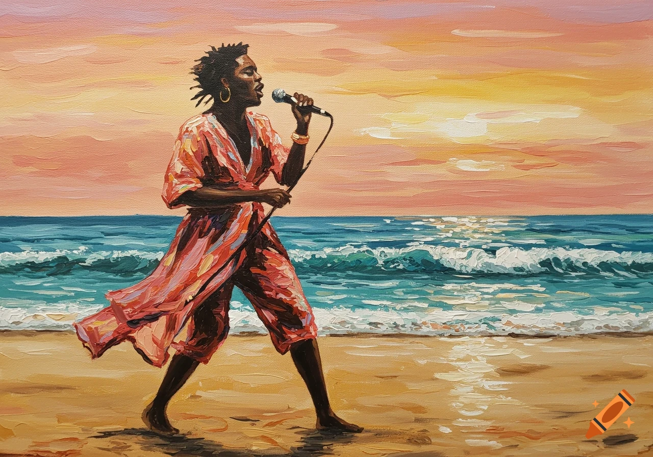 An acrylic painting of a Black R&B singer performing on a sandy beach at sunset, with waves crashing in the background.