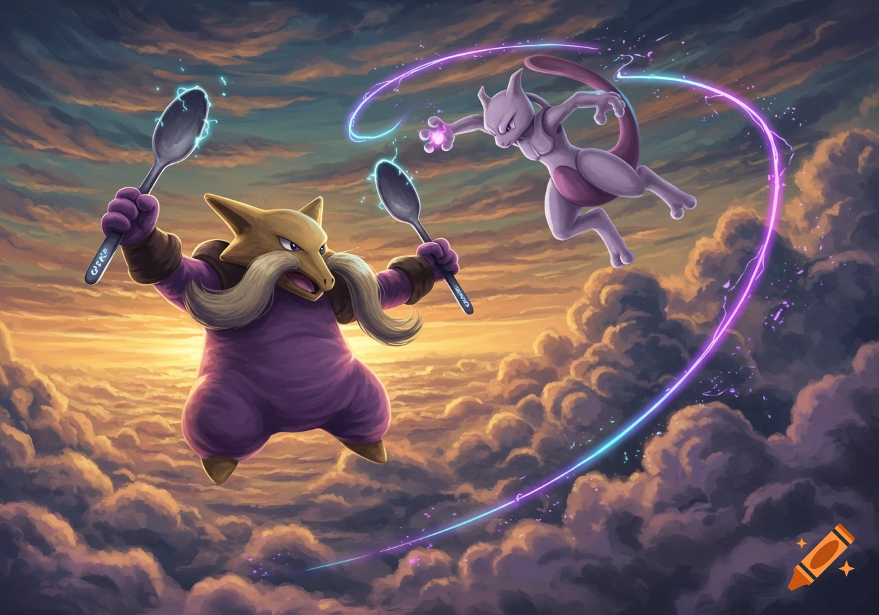 Alakazam wields two spoons, battling Mewtwo in a dynamic fantasy scene high above the clouds at sunset.