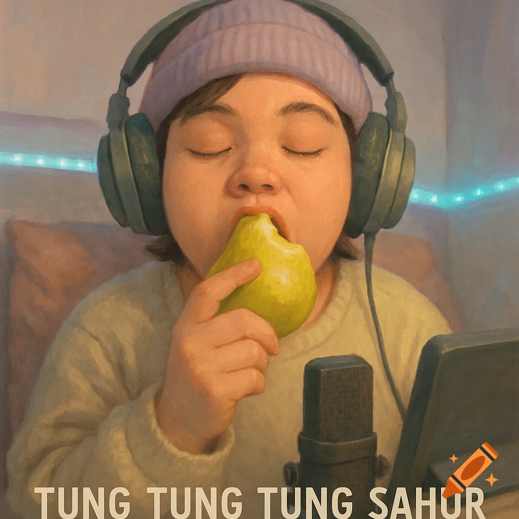Illustration of a person with headphones on, eyes closed, biting into a pear, with a microphone in front of them.