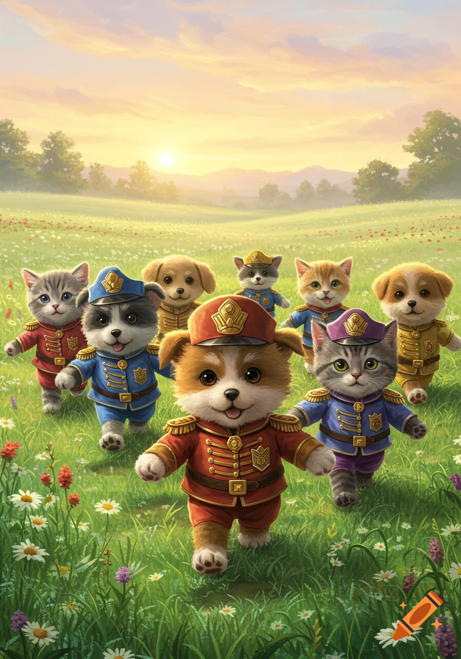 Cute illustrated puppies and kittens in colorful military uniforms run through a sunny meadow filled with wildflowers.