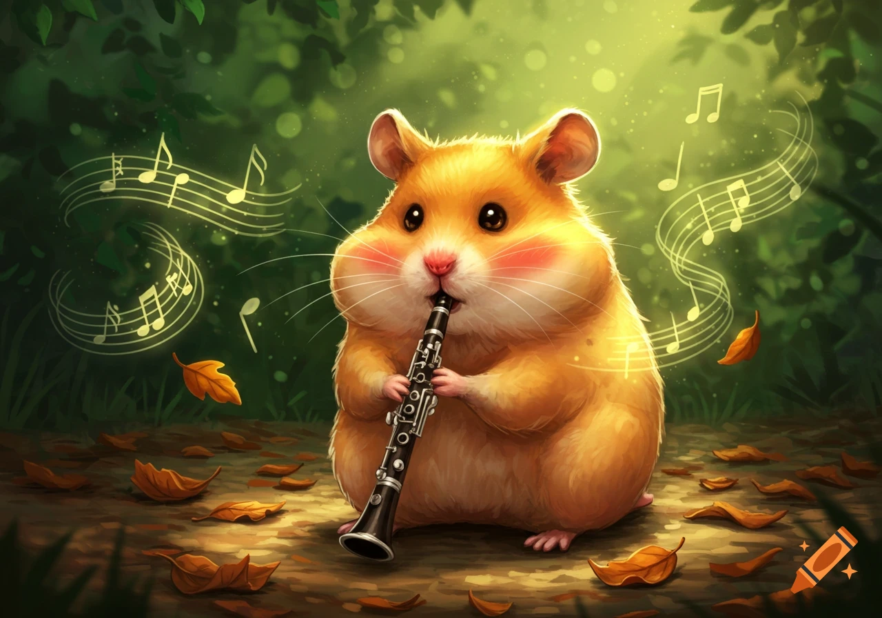 A fluffy golden hamster with puffy cheeks plays a clarinet in a magical forest, with musical notes floating around, in an illustrative style.