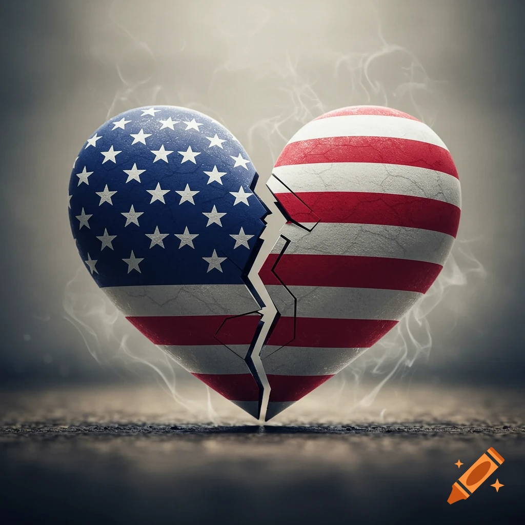A broken heart shaped like the American flag, cracked down the middle with smoke, on a dark surface.