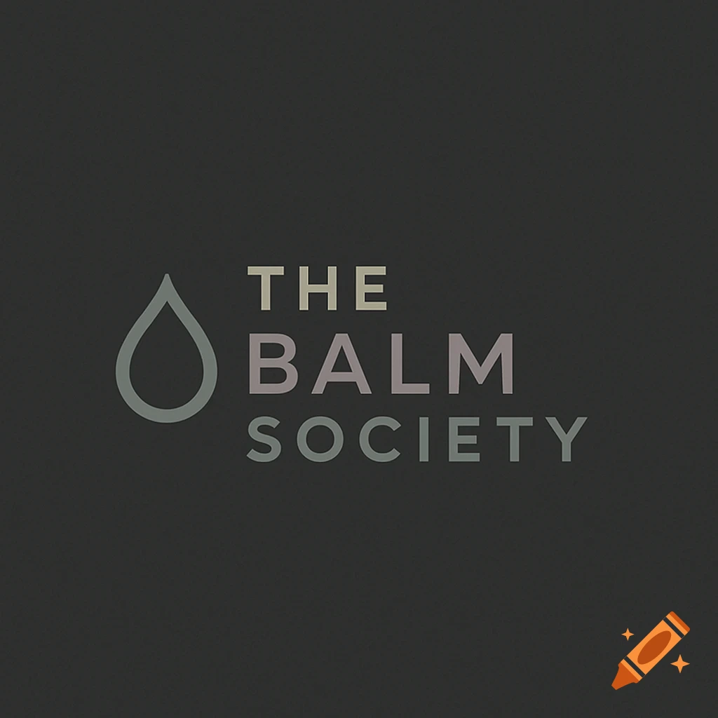 Minimalist logo for 'The Balm Society' with a droplet icon and sleek text in muted colors on a dark background.