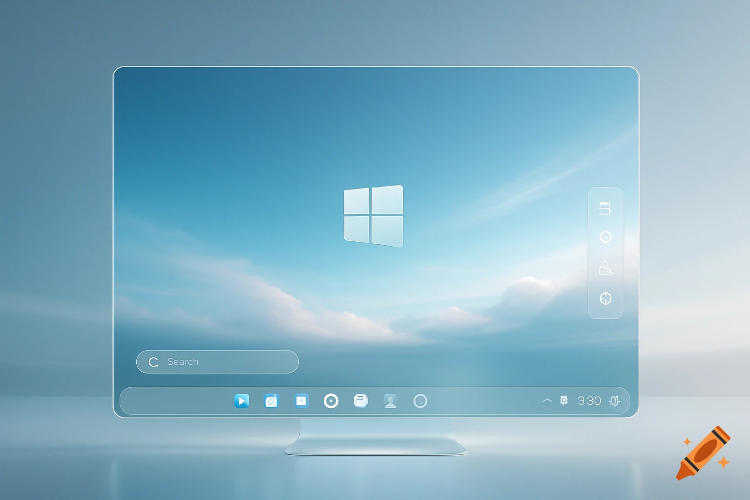 A futuristic, transparent Windows desktop concept art with a minimalist UI, search bar, and taskbar against a blue sky background.