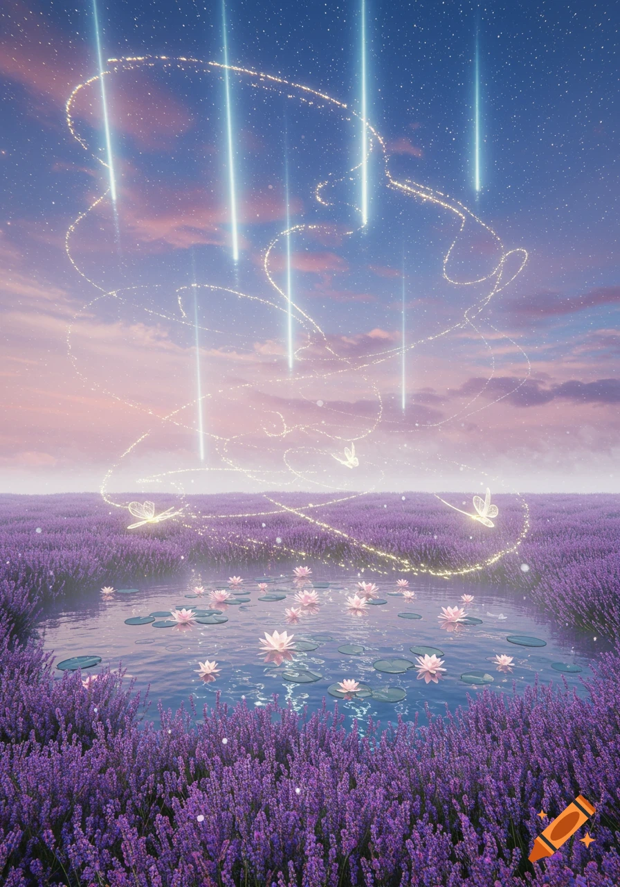 Dreamy lavender field with a lily pond, glowing butterflies, and shimmering light trails under a starry, pink-hued sky.