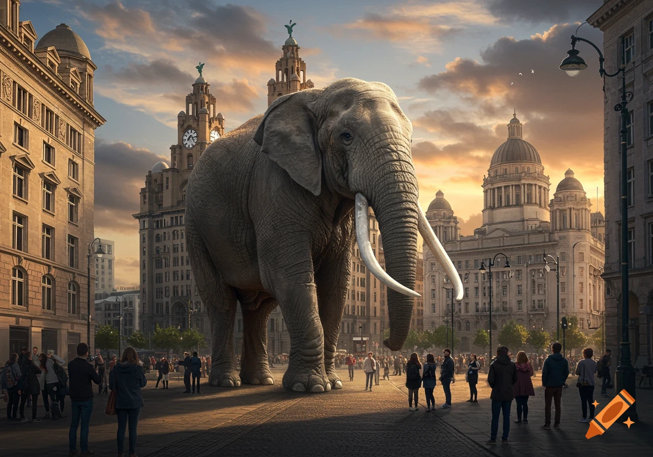 A giant elephant stands on a city street, surrounded by people and historic buildings under a dramatic sky, photorealistic style.