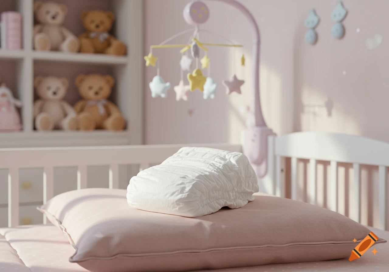 A white crumpled object rests on a pink pillow in a bright nursery with blurred teddy bears and a baby mobile in the background.