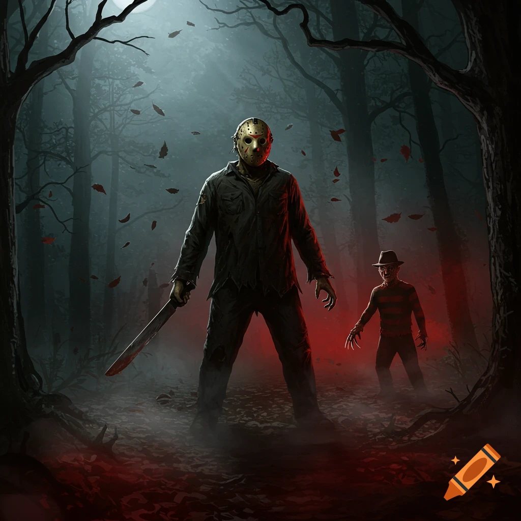 Jason Voorhees holding a machete and Freddy Krueger with bladed gloves in a dark, foggy forest with red ground light, stylized illustration.