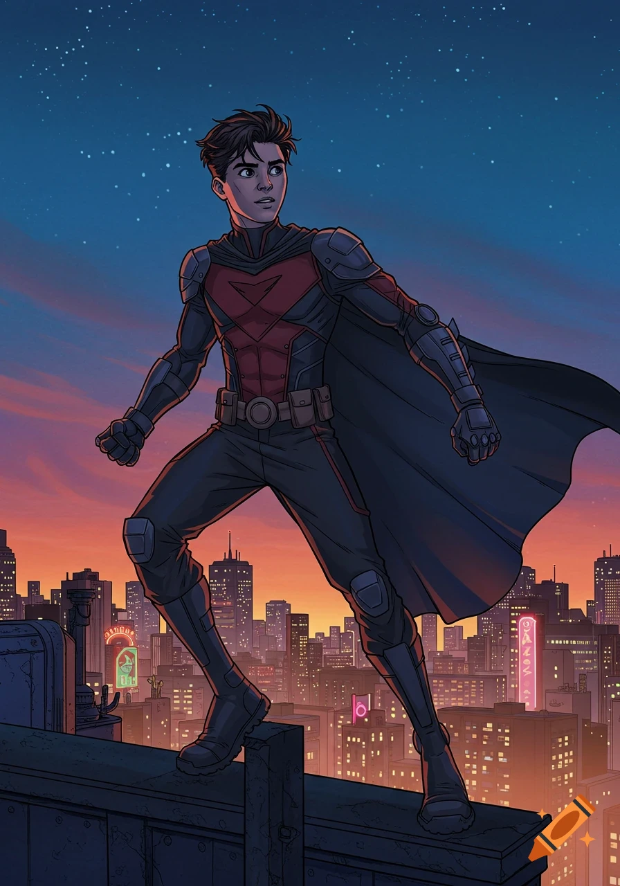 A young male superhero in a red and black suit with a cape stands on a city rooftop at sunset, looking up in a comic book style.