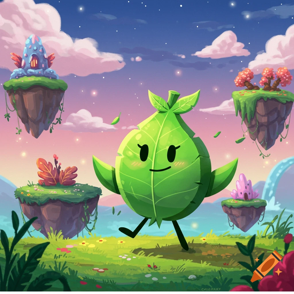 A cute green leaf character, Leafy, with a cheerful expression, strides through a whimsical landscape of floating islands and a pastel sky.