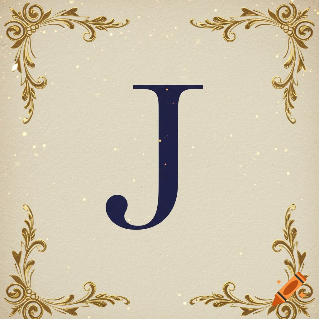 Dark blue capital letter J with ornate golden corner decorations and subtle sparkles on a cream background.